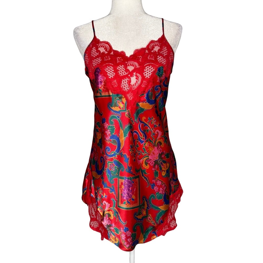 Victoria's Secret Vintage Gold Label Slip Dress Chemise S Red Lace Paisley Satin